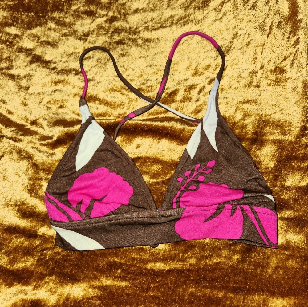 Vintage Island Soul 1990's Brown & Pink Tropical Print Cross Back Bikini Top